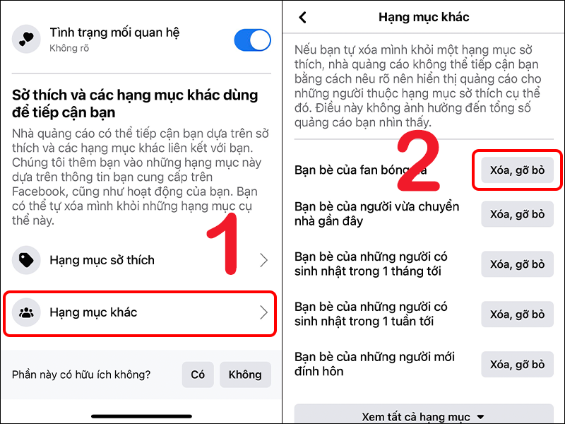 Xóa các hạng mục mà bạn không muốn nhận quảng cáo